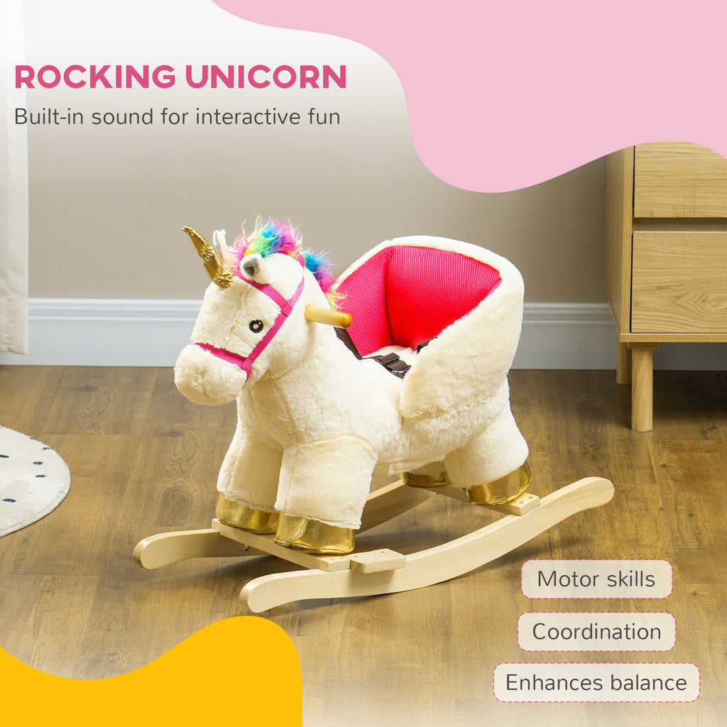Kids Rocking Horse, Unicorn With Realistic Sound, Safety Belt & Wooden