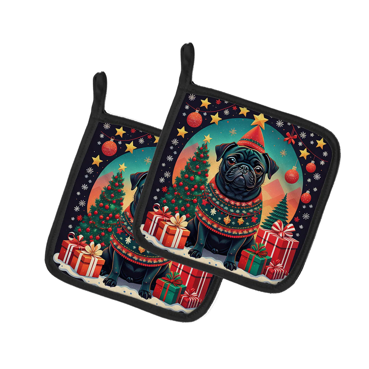 Black Pug Christmas Pair Of Pot Holders Kitchen Heat Resistant Pot