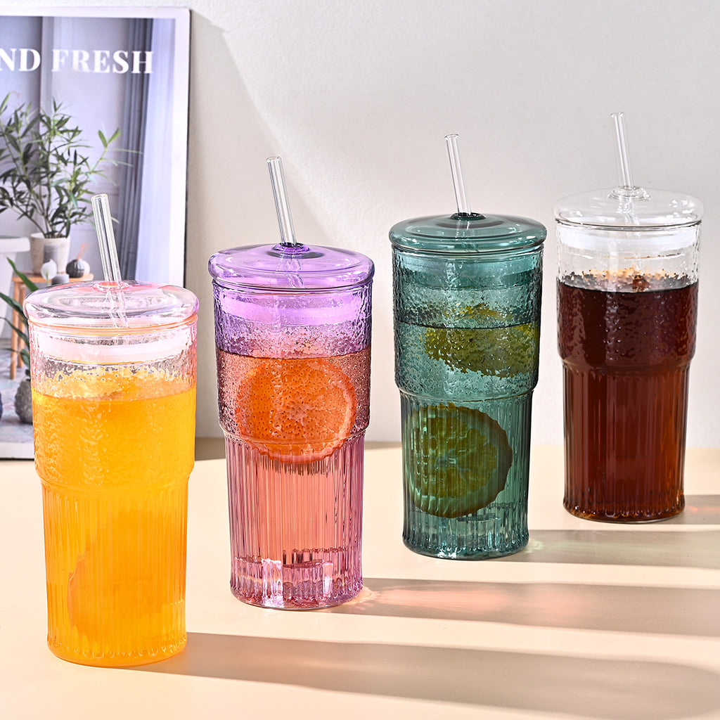 20 Oz 2-pack Green Glass Straw Cup With Vertical Pattern Cup And Lid