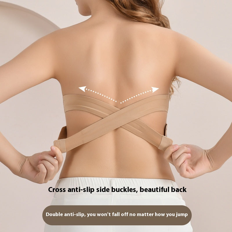 Women's Strapless Cross Side Buckle Non-slip Band Ice Ribbon Chest Pad