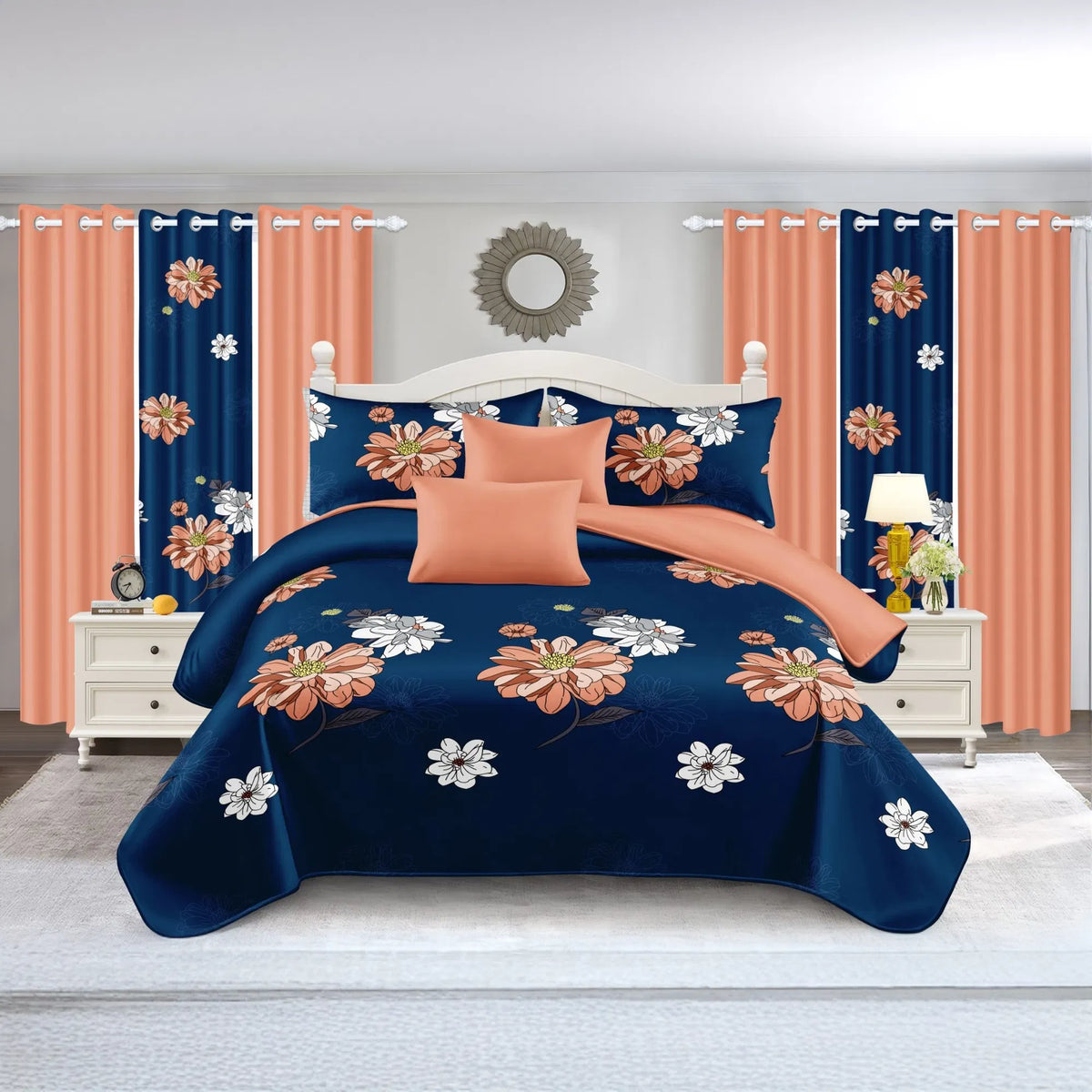 9-Piece Navy & Coral Floral Bedding & Curtain Set - Quilted Microfiber