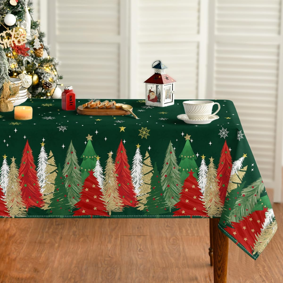 Christmas Tablecloth 60 84 Inch Rectangular, Christmas Trees Green