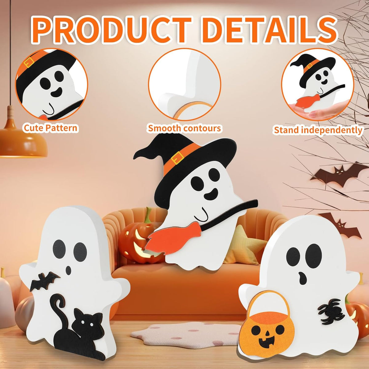 3 Pack Halloween Decorations, Cute Ghost Tabletop Decor, Wooden Tiered