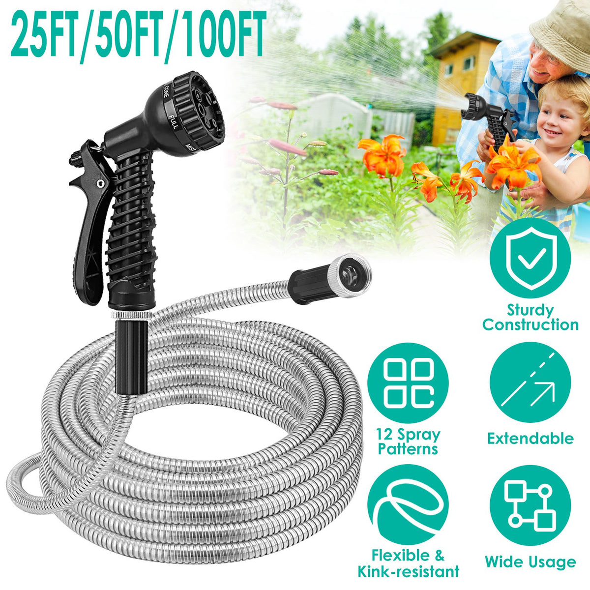 25FT-50FT-100FT Options -- 1Pc Heavy Duty Stainless Steel Garden Hose