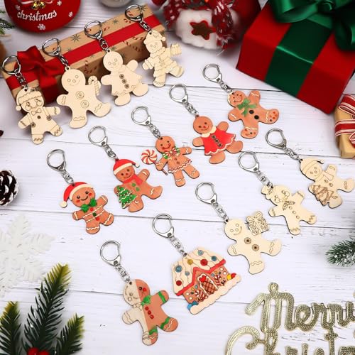 36Pcs Christmas Unfinished Wooden Gingerbread Men Keychains Blank Wood