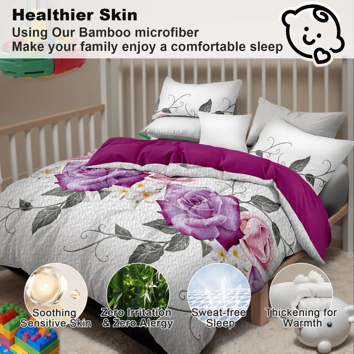 9-Piece Purple Rose Bedding & Curtain Set - Quilted Microfiber