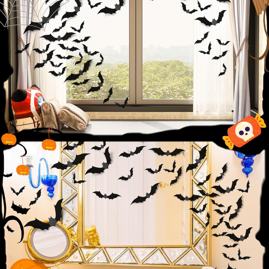 120 Pcs 3D Halloween Bat Decorations, 5 Sizes, Removable Wall Decor