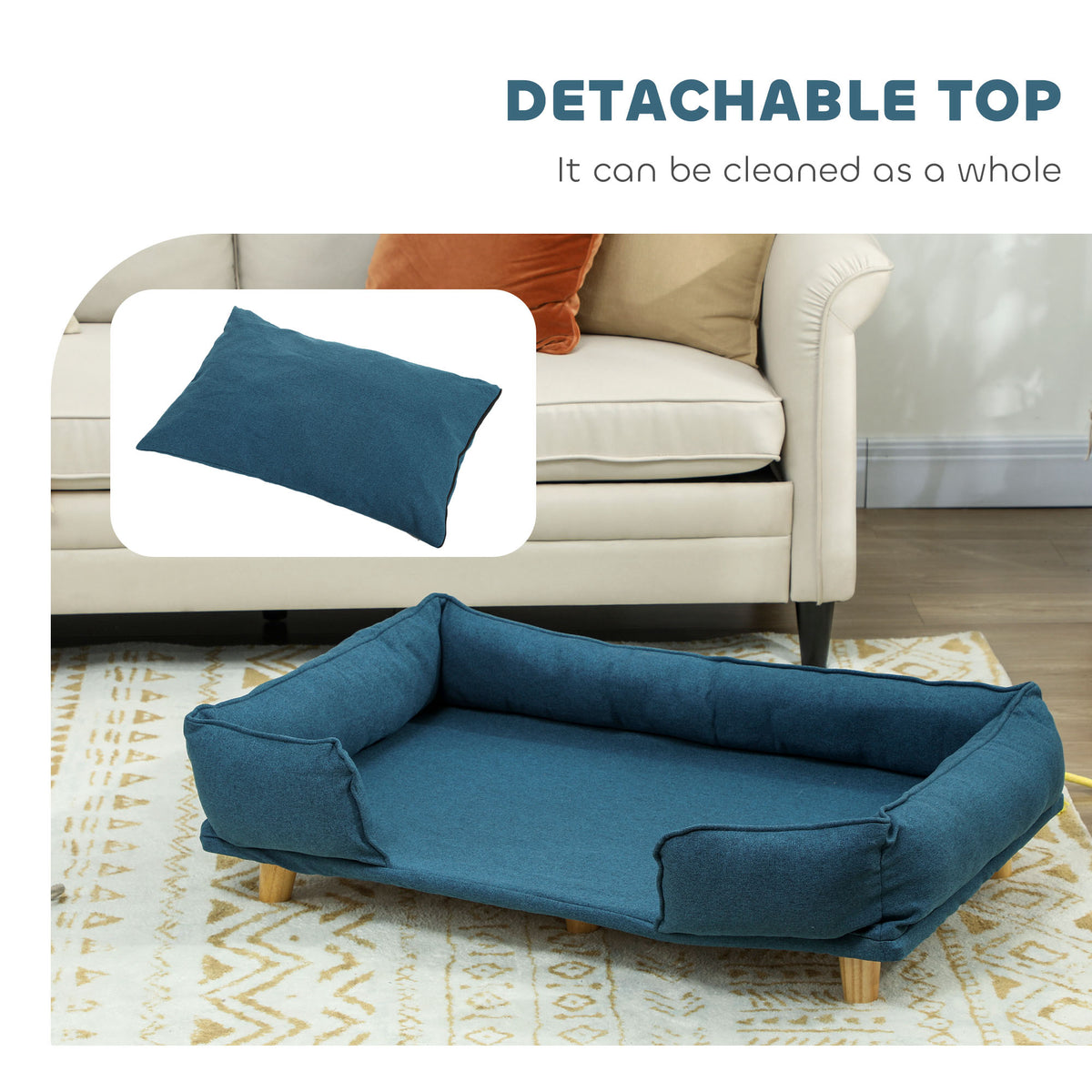 Raised Dog Couch With Comfortable Cushion, Pine Wood Legs, Foot Pads