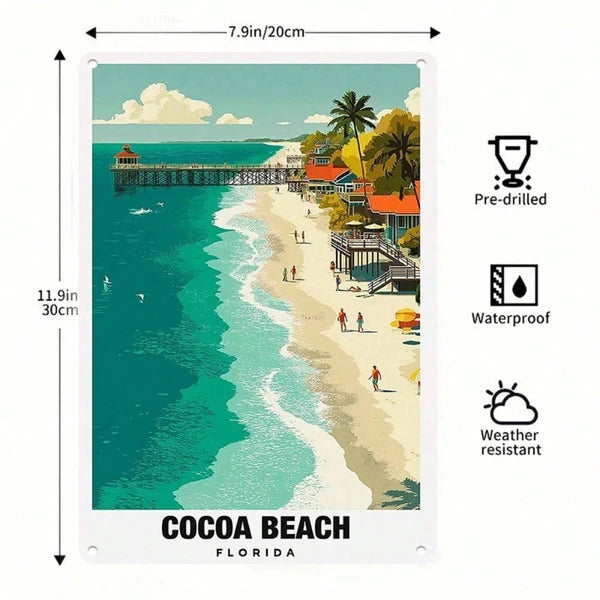 1pc Retro Cocoa Beach Florida Metal Tin Sign, Vibrant Coastal Paradise