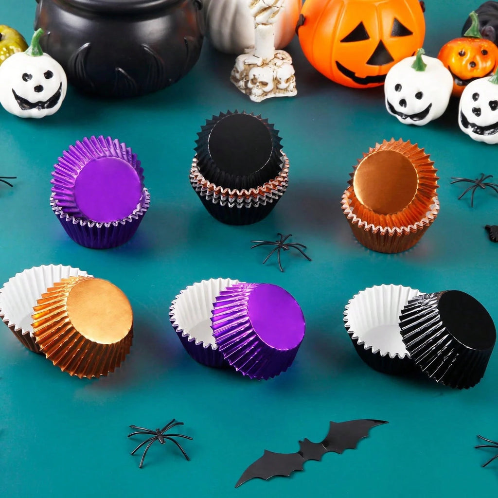 300 Pcs Halloween Foil Cupcake Liners Black Purple Orange Foil Metallic
