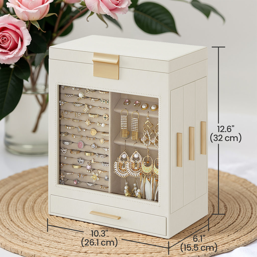 5-Layer Jewelry Box With Glass Window, 3 Side Drawers