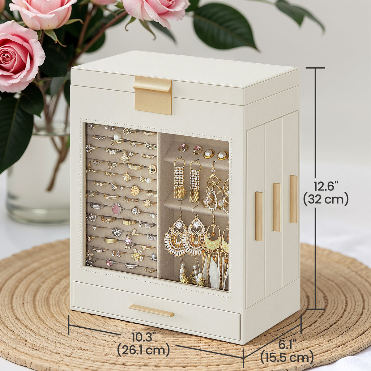 5-Layer Jewelry Box With Glass Window, 3 Side Drawers