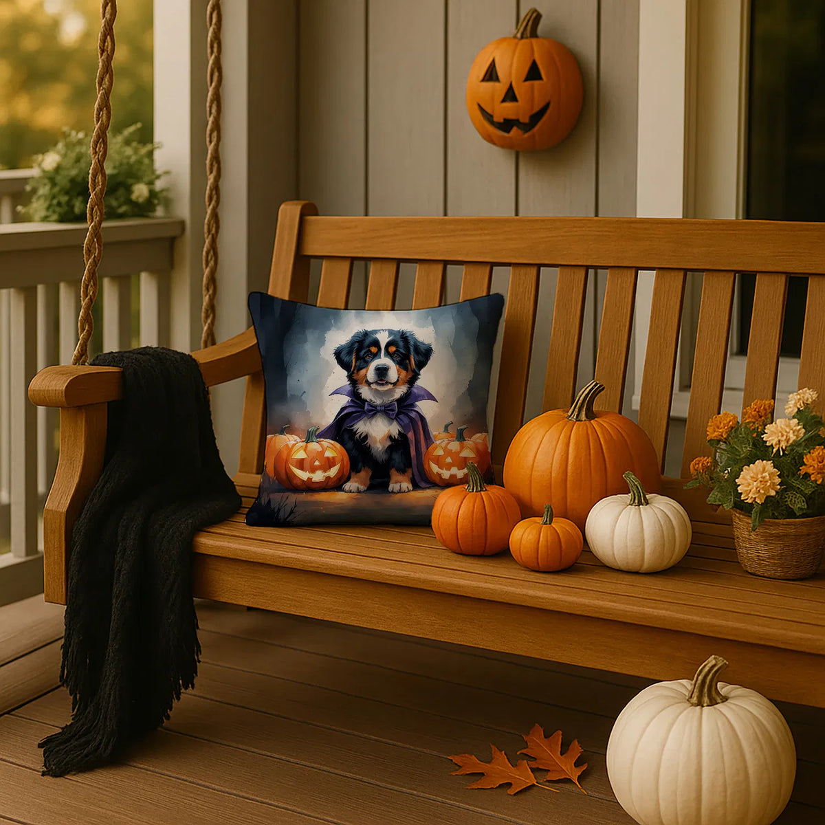Bernese Mountain Dog Puppy Halloween Throw Pillow Machine Washable