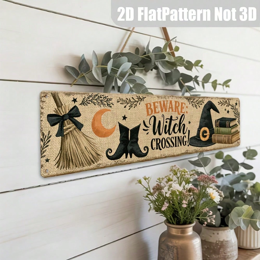 Beware Witch Crossing Metal Sign 2D Flat, Rustic Halloween Entryway