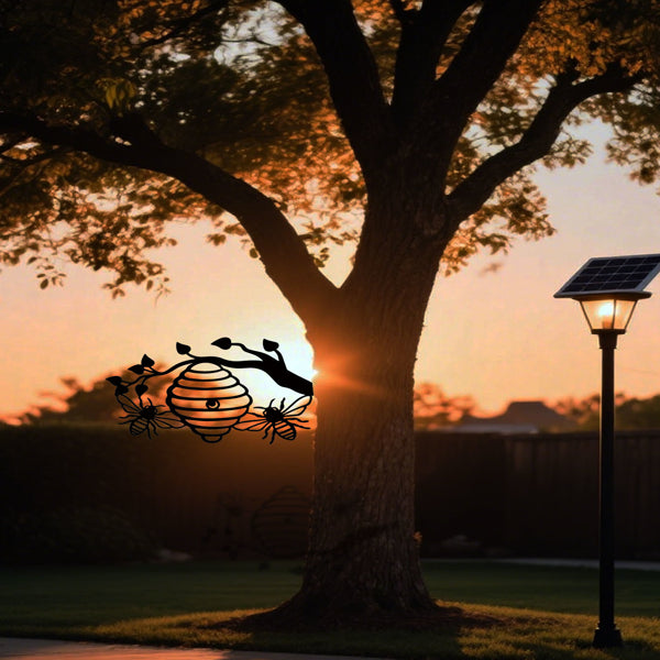Sunny Yellow Honeycomb Iron Wall Art Outdoor Bee And Tree Silhouette