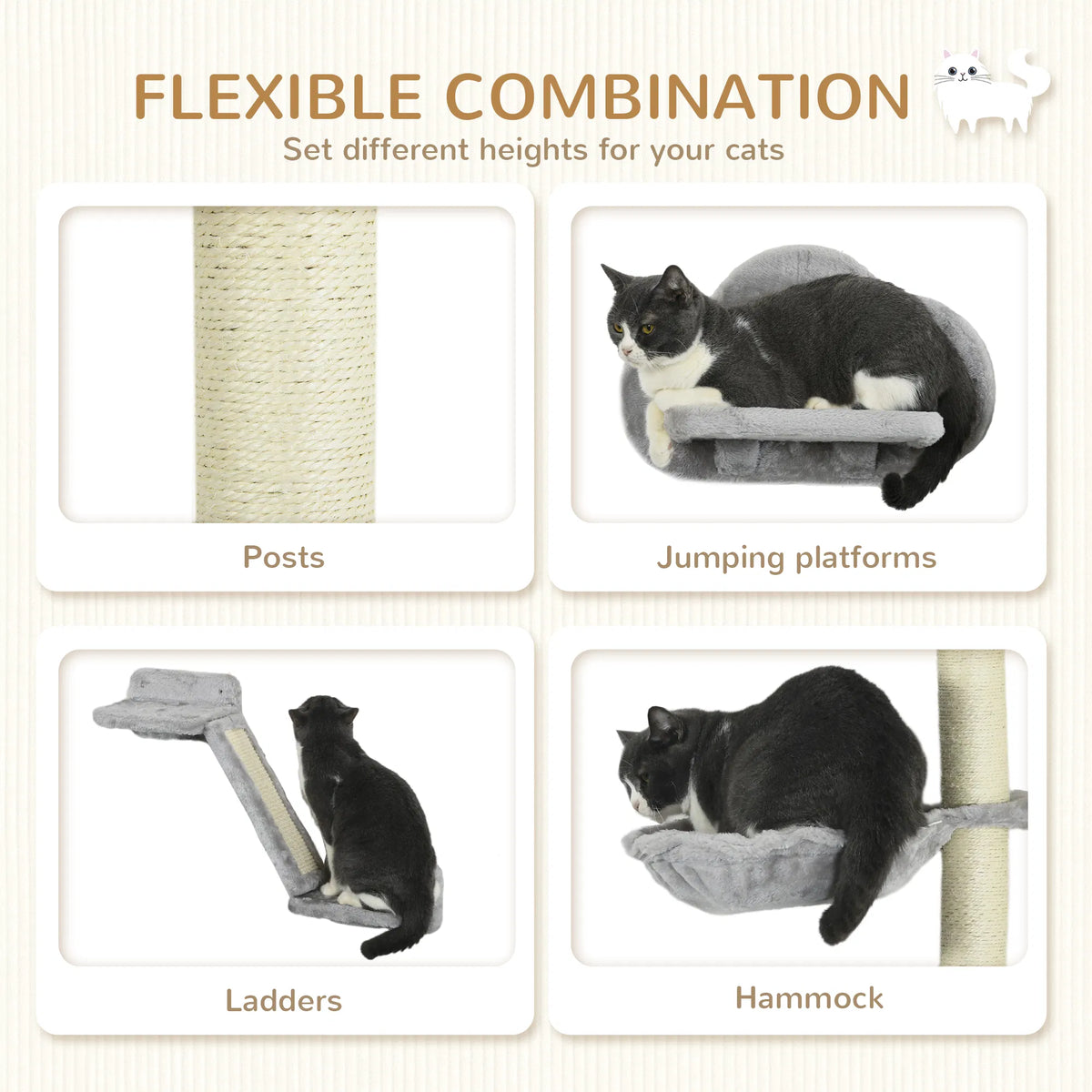 3PCs Cat Shelves With Hammock, Scratching Posts, Platforms, Grey