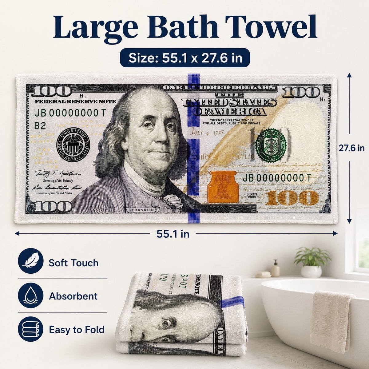 55x28in Cash Print Beach Towel Soft Velour Absorbent US Dollar Seaside