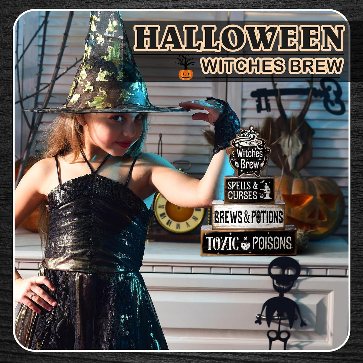 4 Pack Halloween Tiered Tray Decor, Witches Brew Tabletop Centerpiece
