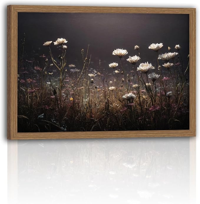 Framed Vintage White Wildflowers Wall Art Moody Fall Floral Landscape