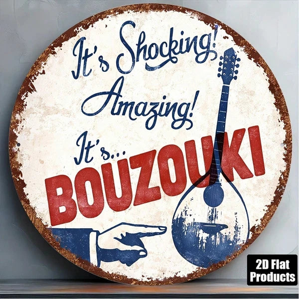 1pc 8x8in Vintage Bouzouki Instrument Round Sign, "" Instrument Round