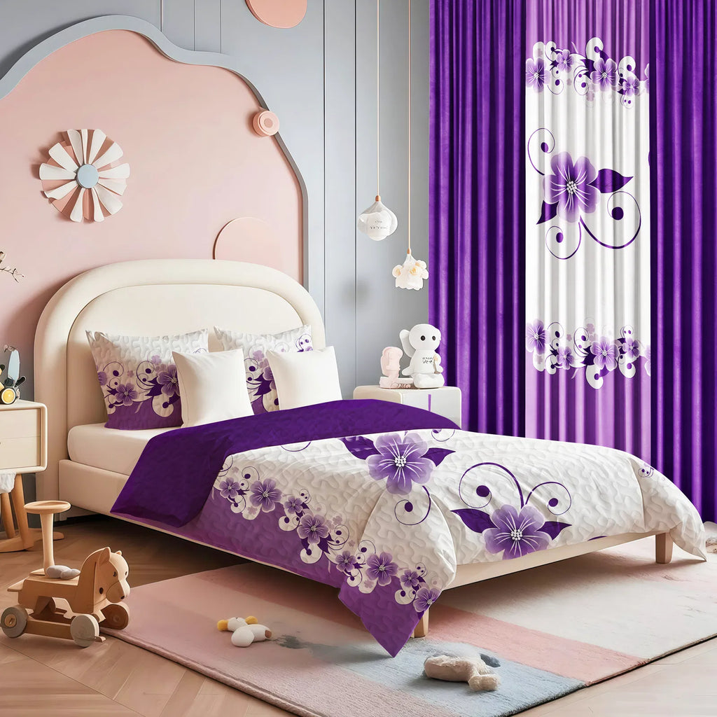 9-Piece Purple Floral Bedding & Curtain Set - Quilted Microfiber