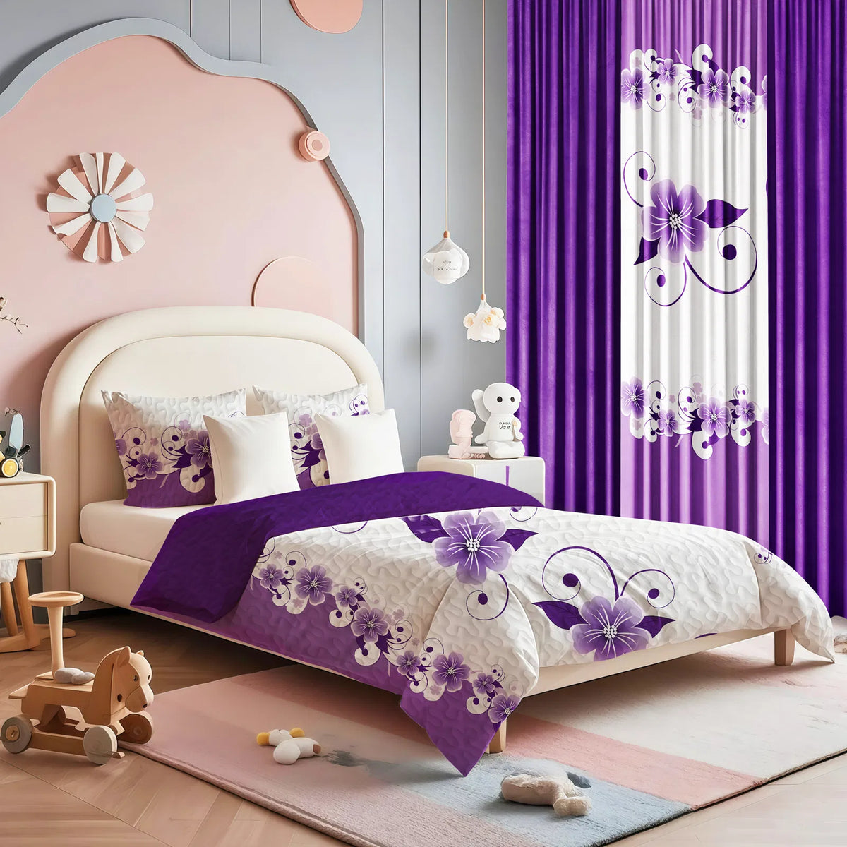 9-Piece Purple Floral Bedding & Curtain Set - Quilted Microfiber