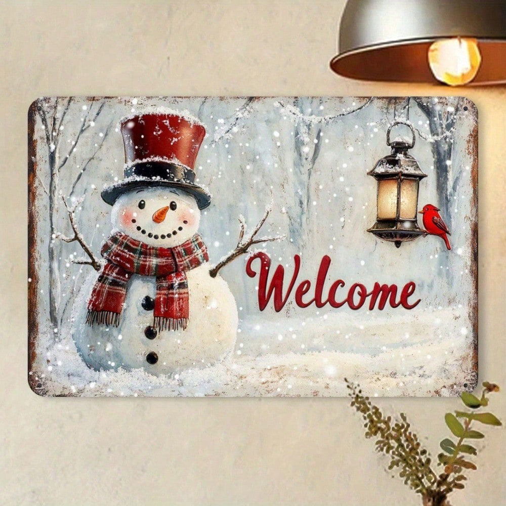 1pc Rustic Snowman And Bird Christmas Welcome Sign, Welcome Sign, Iron