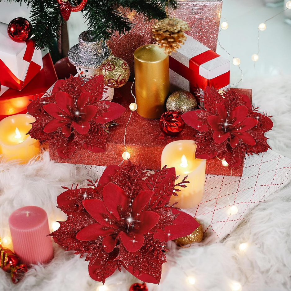 16 PCS Poinsettia Flower Artificial Poinsettias With Clips Christmas