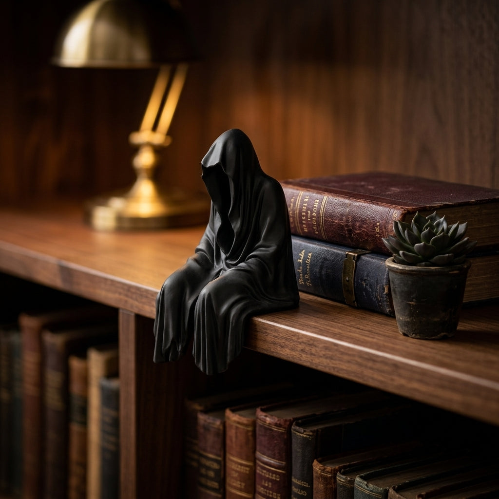 Black Hooded Shelf Sitter Figurine, Gothic Desktop Decor, Faceless