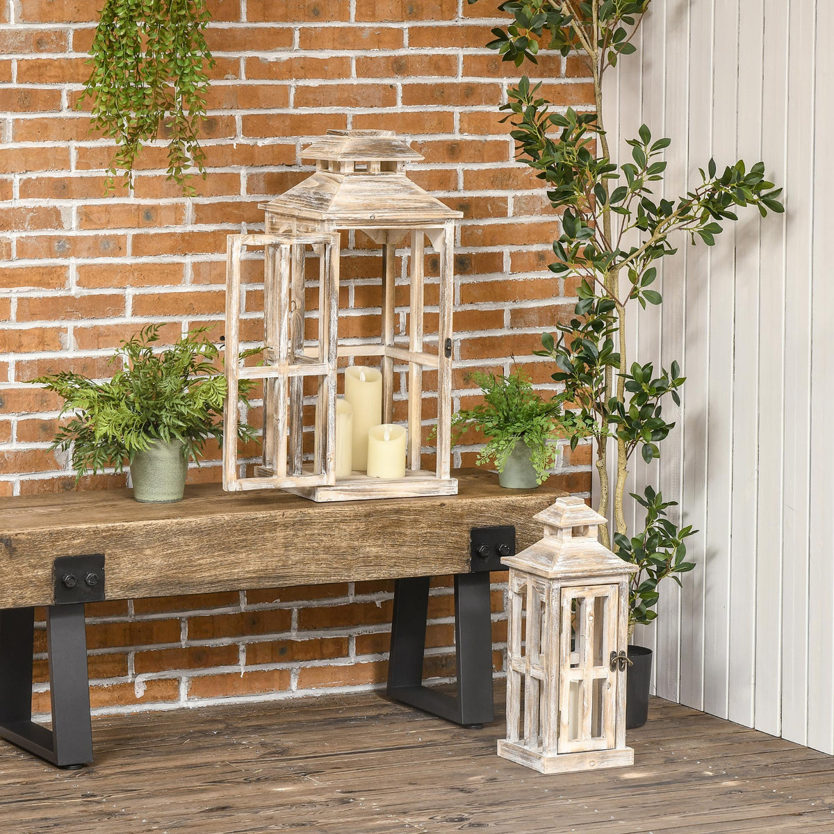2 Pack 28"/20" Large Rustic Wooden Lantern Decorative, Indoor/outdoor