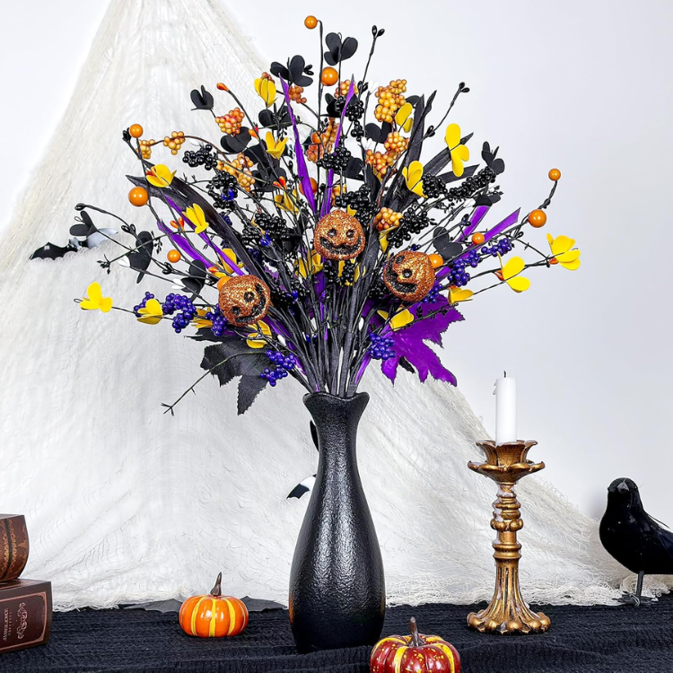 6 Pcs Halloween Floral Picks, 17 Inch Jack-o'-lanterns & 3-Color Berry