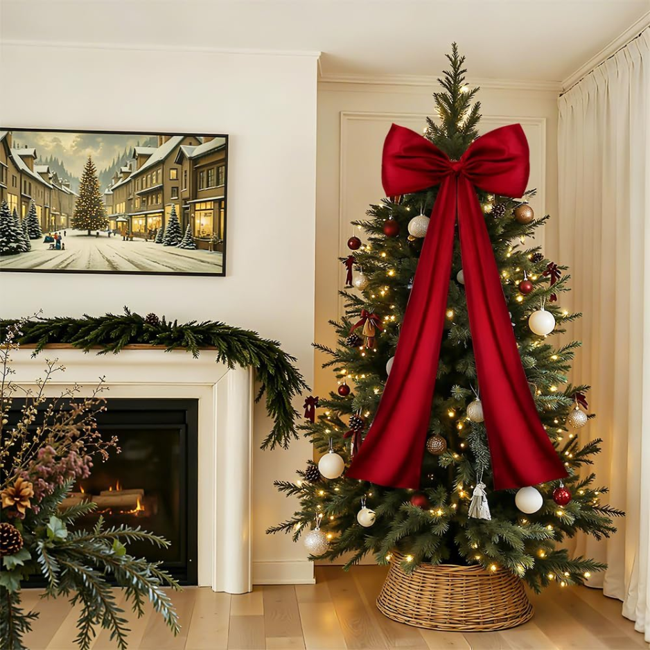 Large Wine Red Satin Christmas Tree Topper Bow, Elegant Holiday Decor