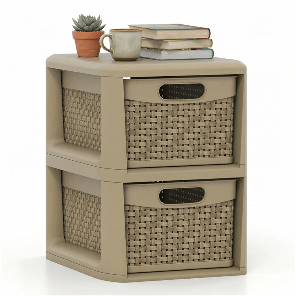 2-Drawer PP Storage Organizer Wicker Style Narrow Cabinet For Home