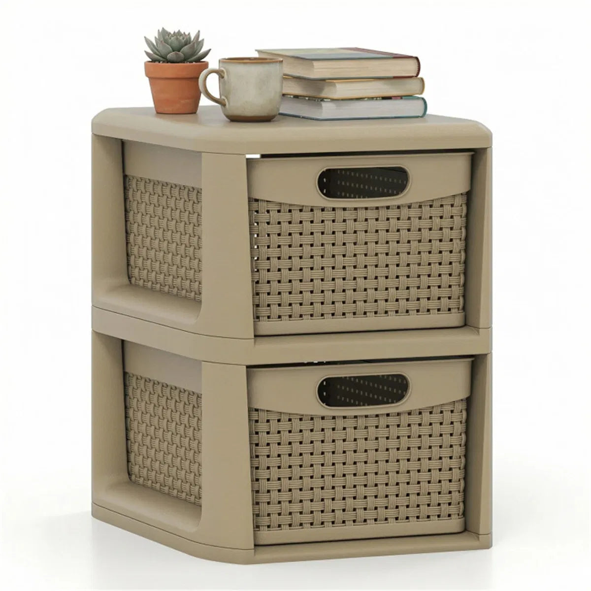 2-Drawer PP Storage Organizer Wicker Style Narrow Cabinet For Home