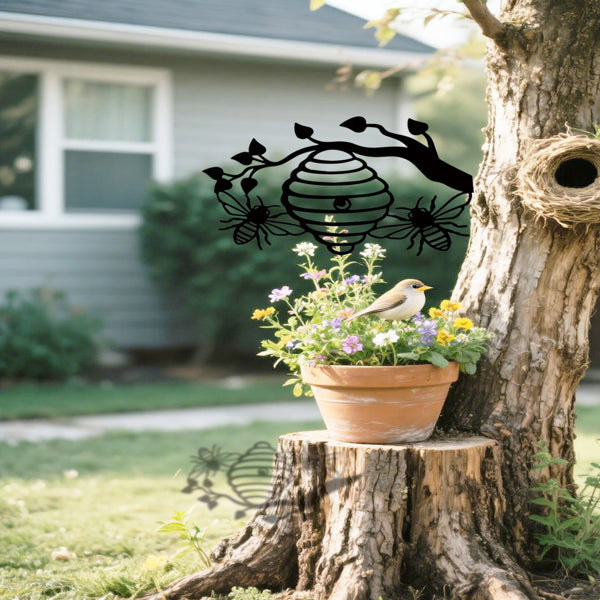 Sunny Yellow Honeycomb Iron Wall Art Outdoor Bee And Tree Silhouette