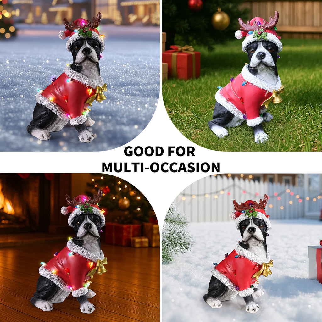 Christmas Boston Terrier Statue, Holiday Dog Figurine In Santa Outfit