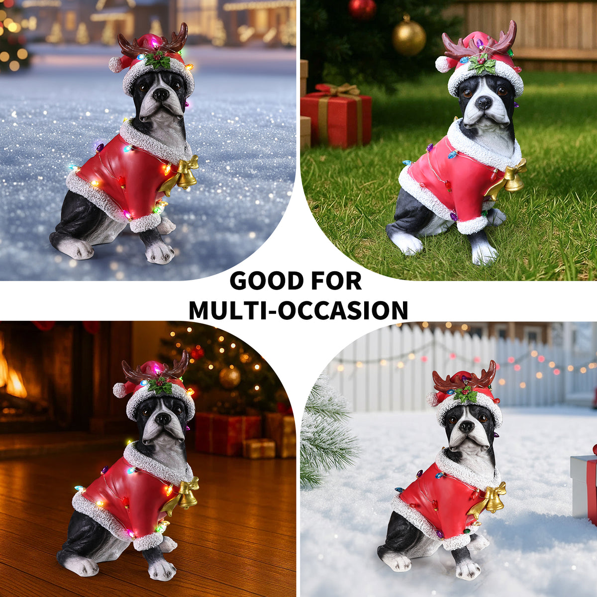 Christmas Boston Terrier Statue, Holiday Dog Figurine In Santa Outfit