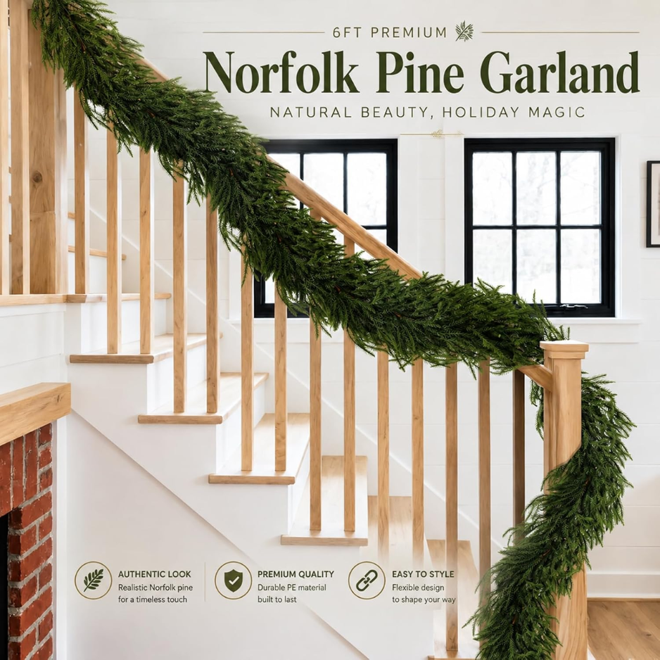 6FT Real Touch Norfolk Pine Christmas Garland, Flexible Mantel Decor