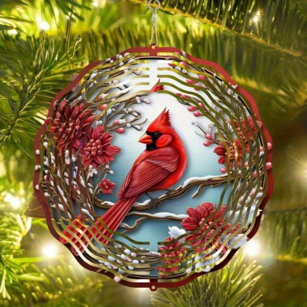 Vibrant Red Cardinal Wind Spinner With Mandala Wind Chime Garden Art