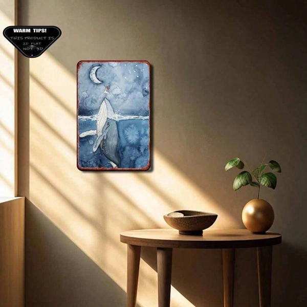 1PC Vintage Metal Tin Sign Moon & Whale Nautical Pattern Wall Art Retro