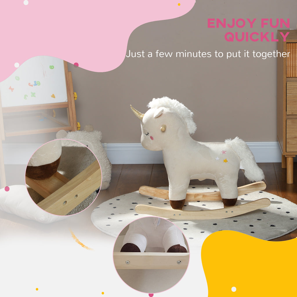 Kids Rocking Horse, Ride On Unicorn With Realistic Sounds & Wooden Base