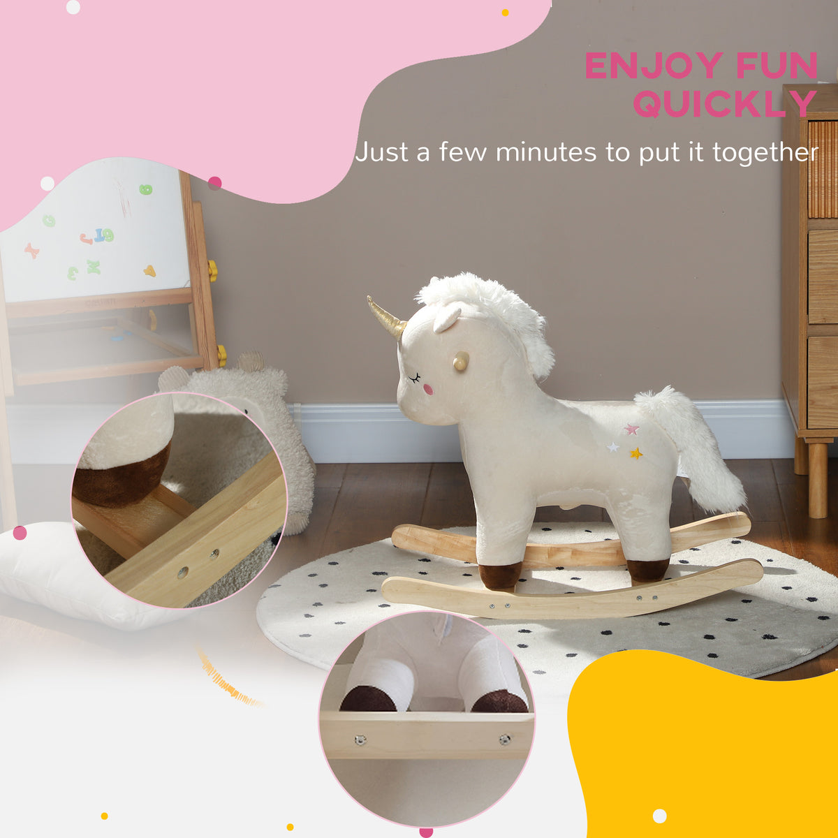 Kids Rocking Horse, Ride On Unicorn With Realistic Sounds & Wooden Base