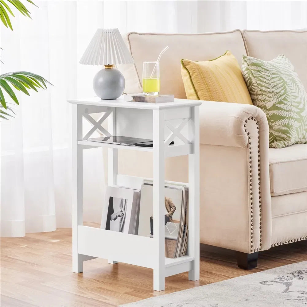 3 Tier Modern Endtablewithstorageshelf, White