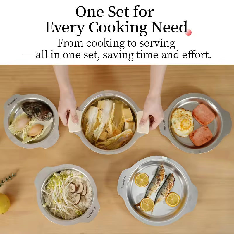 Non-abrasive Stainless Steel Cookware Set With Multifunctional Lids