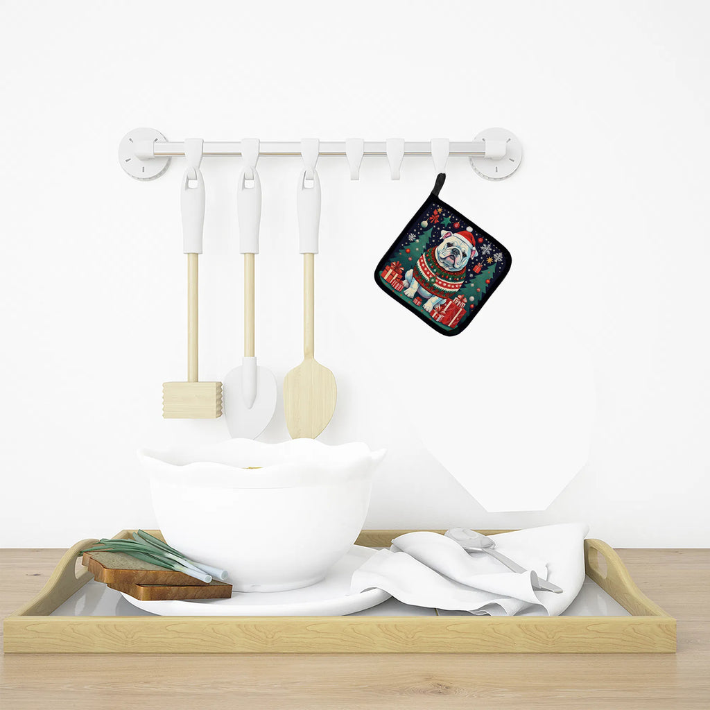 White English Bulldog Christmas Pair Of Pot Holders Kitchen Heat
