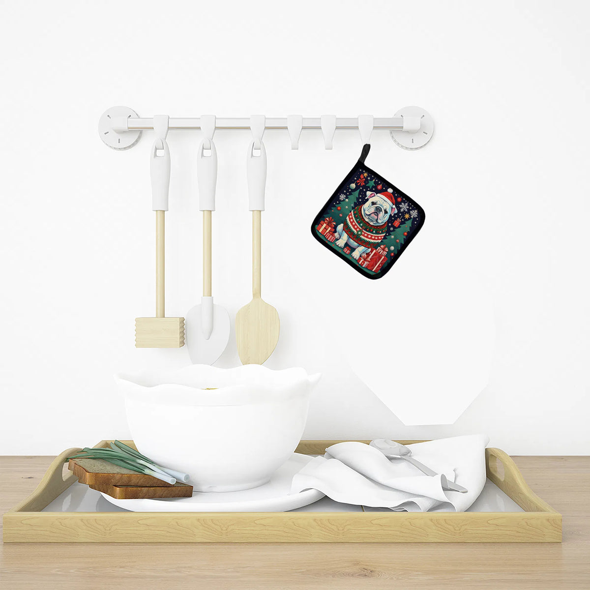 White English Bulldog Christmas Pair Of Pot Holders Kitchen Heat