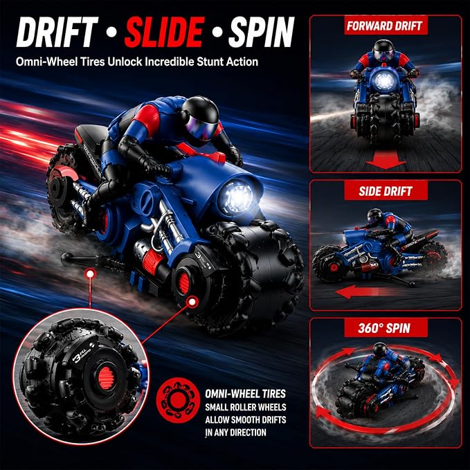 Scale RC Stunt Drift Motorcycle With 2.4GHz Remote Control, Spinning