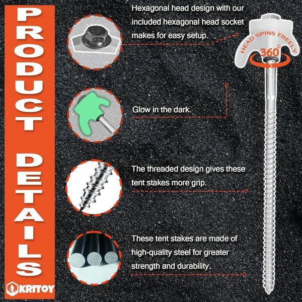 20-Pack Heavy-duty Screw-in Tent Stakes | Glow-in-the-dark Heads | Hex