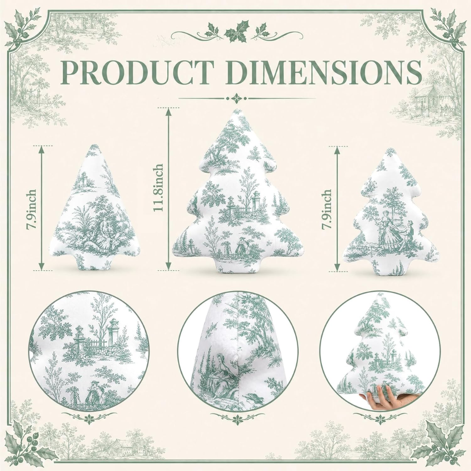 3 Pcs Sage Green Toile Christmas Tree Pillows Vintage Cushion Decor