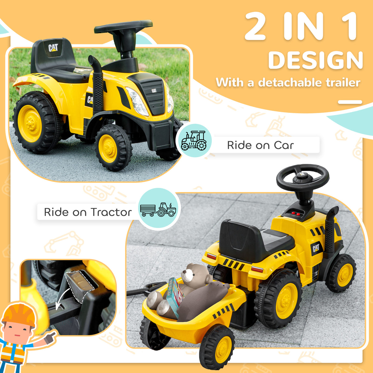 Caterpillar Licensed Ride-on Construction Toy With Shovel & Trailer, No